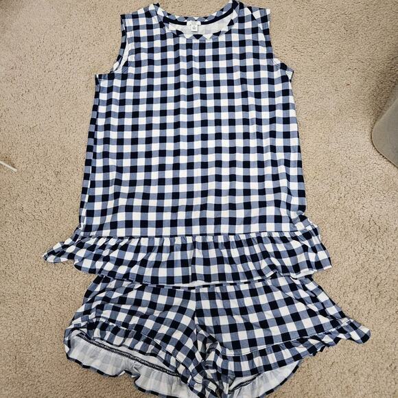 Crown & Ivy Ruffle Checked PJ Set Blue & White 2pc Tank Top Shorts Womens Sz S - Picture 5 of 7